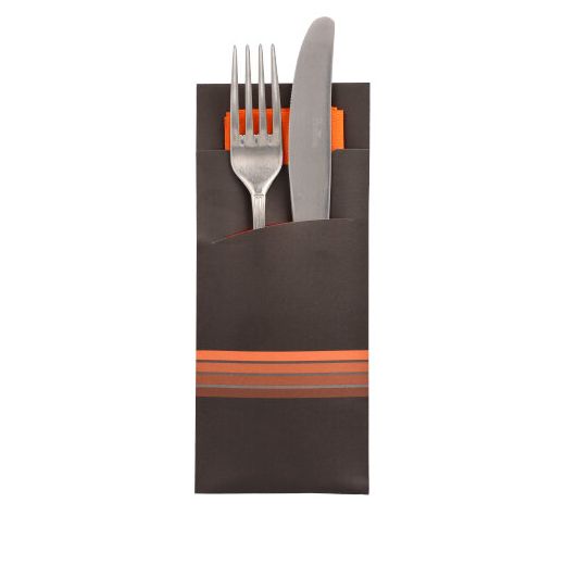 Vrečke za pribor 20 cm x 8,5 cm črna/oranžna "Stripes" vklj. barvna servieta 33 x 33 cm, 2-slojna 1