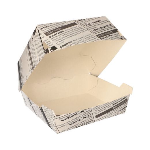 Škatla za burger; material iz svežega kartona 7 cm x 12,5 cm x 12,5 cm "Newsprint" velik 1