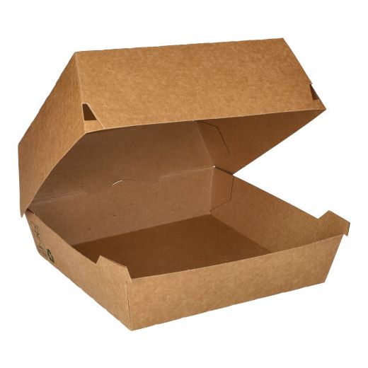 Škatla za burger; material iz svežega kartona 9 cm x 18,5 cm x 18,5 cm rjava "100% Fair" extra velike 1