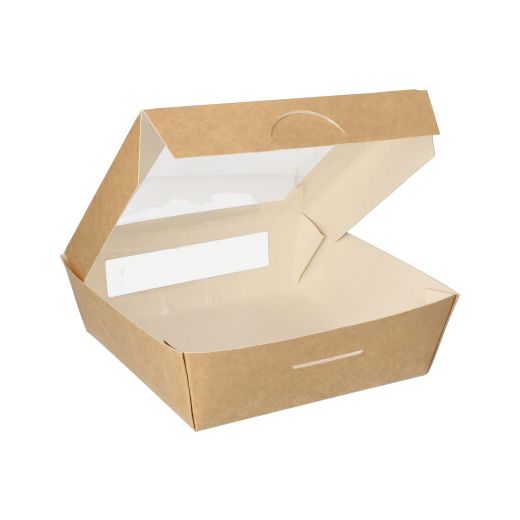 Delikatesne škatle, karton z okencem iz PLA kvadratna 1000 ml 16 cm x 16 cm x 5 cm rjava 1