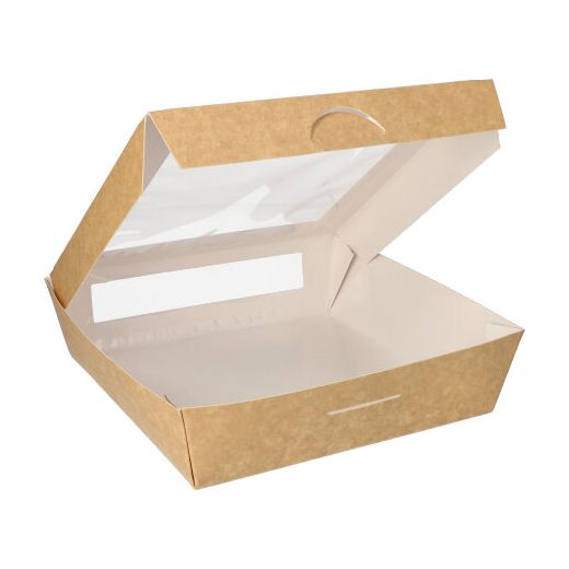 Delikatesne škatle, karton z okencem iz PLA kvadratna 1500 ml 19 cm x 19 cm x 5 cm rjava 1