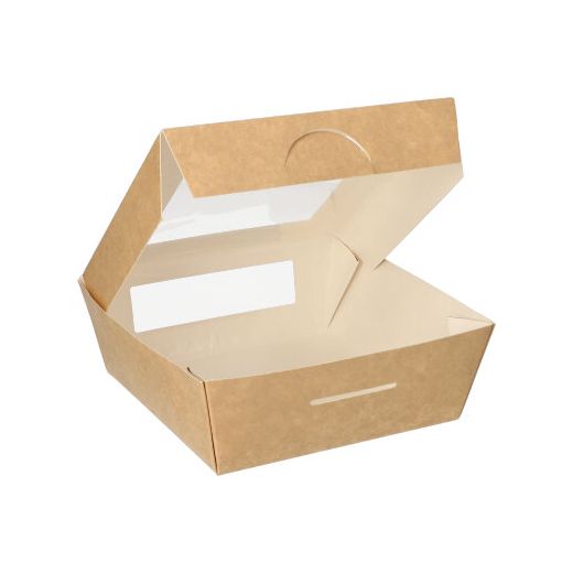 Delikatesne škatle, karton z okencem iz PLA kvadratna 750 ml 14 cm x 14 cm x 5 cm rjava 1