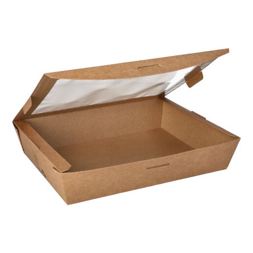 Delikatesne škatle, karton z okencem iz PLA "pure" kvadratna 1500 ml 4,5 cm x 21 cm x 16 cm rjava "100% Fair" 1