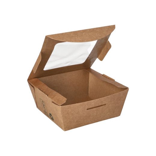 Delikatesne škatle, karton z okencem iz PLA "pure" kvadratna 350 ml 4,5 cm x 9 cm x 9 cm rjava "100% Fair" 1