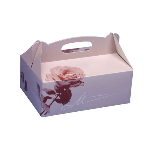 Škatla za torte z ročajem kvadratna 16 cm x 10 cm x 9 cm roza z ročajem 1
