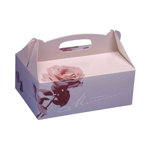 Škatla za torte z ročajem kvadratna 20 cm x 13 cm x 9 cm roza z ročajem 1