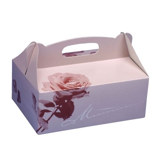 Škatla za torte z ročajem kvadratna 23 cm x 16 cm x 9 cm roza z ročajem 1