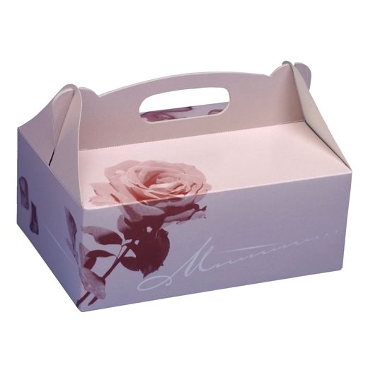 Škatla za torte z ročajem kvadratna 26 cm x 22 cm x 9 cm roza z ročajem 1