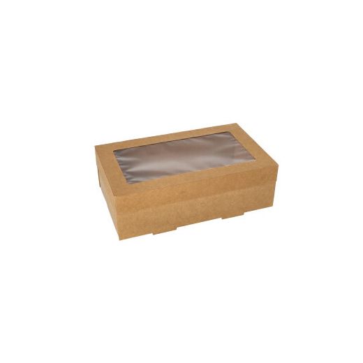Transportne in catering škatle, karton kvadratna 8 cm x 15,3 cm x 25,5 cm rjava z ločenim pokrovom in okencem iz PET 1