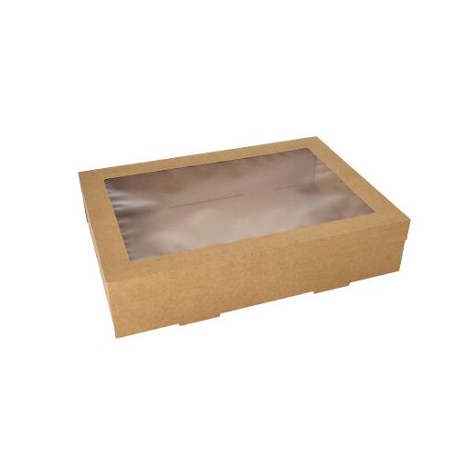 Transportne in catering škatle, karton kvadratna 8 cm x 25,2 cm x 35,9 cm rjava z ločenim pokrovom in okencem iz PET 1