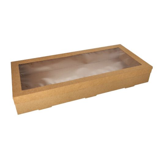 Transportne in catering škatle, karton kvadratna 8 cm x 25,2 cm x 55,8 cm rjava z ločenim pokrovom in okencem iz PET 1