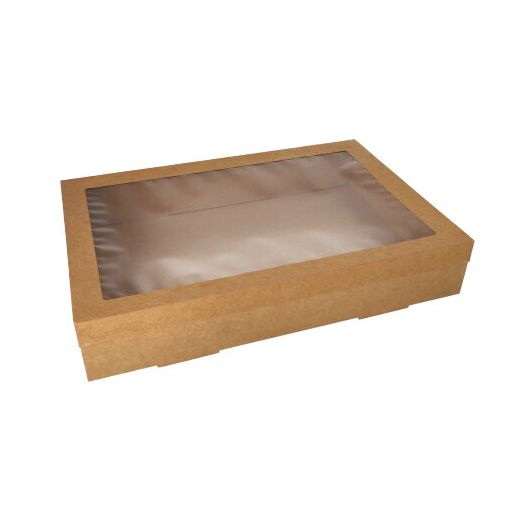 Transportne in catering škatle, karton kvadratna 8 cm x 31 cm x 45 cm rjava z ločenim pokrovom in okencem iz PET 1