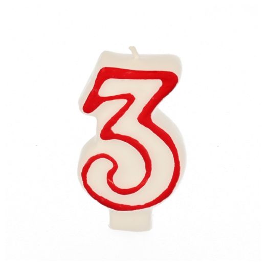Sveča s številkami 7,3 cm bela "3" z rdečim robom 1