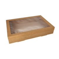 Transportne in catering škatle, karton kvadratna 8 cm x 31 cm x 45 cm rjava z ločenim pokrovom in okencem iz PET