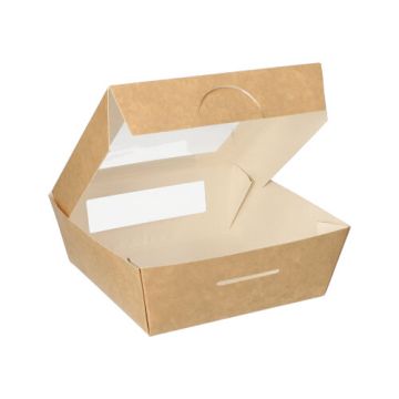 Delikatesne škatle, karton z okencem iz PLA kvadratna 750 ml 14 cm x 14 cm x 5 cm rjava