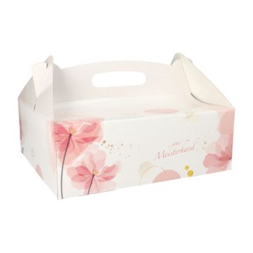 Škatla za torte z ročajem kvadratna 26 cm x 22 cm x 9 cm roza z ročajem