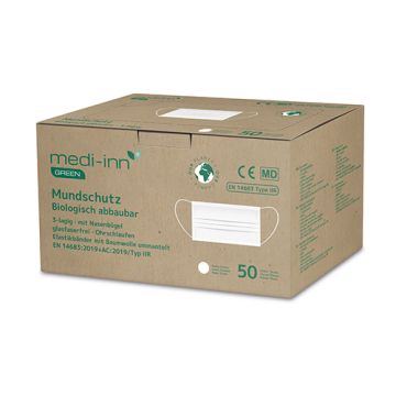 "Medi-Inn GREEN" Obrazna maska tip IIR 3-lagig 9,5 cm x 17,5 cm bela 3-lagig, biologisch abbaubar