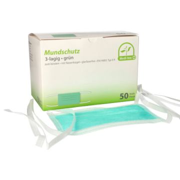 "Medi-Inn" Obrazna maska tip IIR 3-lagig 9 cm x 17,5 cm zelena z nosnin mostičkom, za učvrstitev