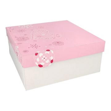 Karton za torte s pokrovom kvadratna 30 cm x 30 cm x 13 cm bela/rožnata "Lovely Flowers"