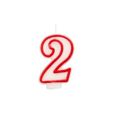 Sveča s številkami 7,3 cm bela "2" z rdečim robom