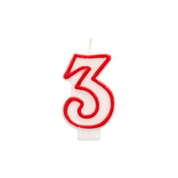 Sveča s številkami 7,3 cm bela "3" z rdečim robom