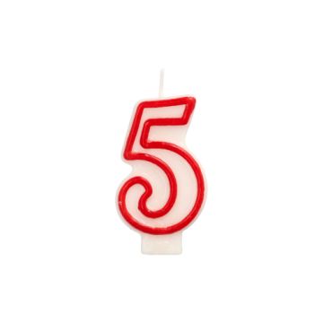 Sveča s številkami 7,3 cm bela "5" z rdečim robom
